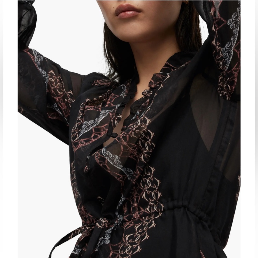 ALLSAINTS Black Printed Long Sleeve Tie-Waist Maxi Dress